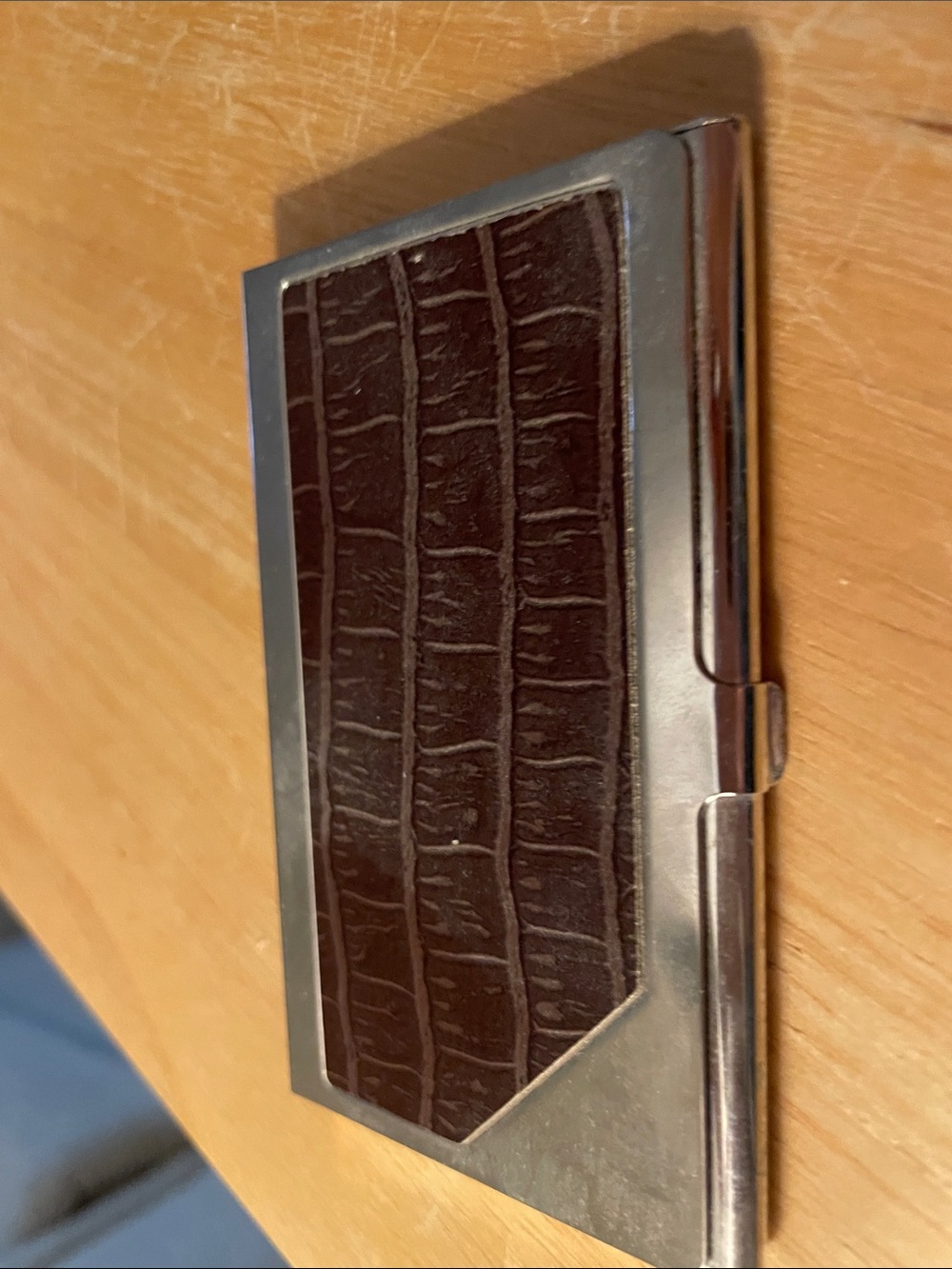 Brown Croc-Texture Metal Card Holder